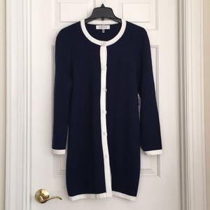 Kasper Ling Cardigan Size Medium Navy Blue White Long Sleeves Buttons NEW